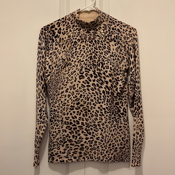 Vertigo Paris Animal Print Mockneck Sweater with Jeweled Neckline